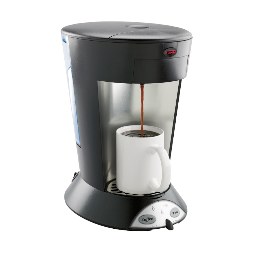 Standalone side shot of Quench 165 pod coffee brewer dispensing coffee