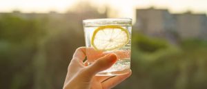 A glass of sparkling water with a lemon slice