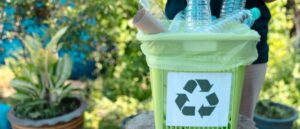 recycling plastic bottles in a recycle bin