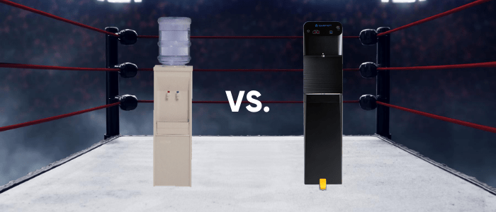 5-gallon jug water cooler vs. bottleless water cooler in a boxing ring