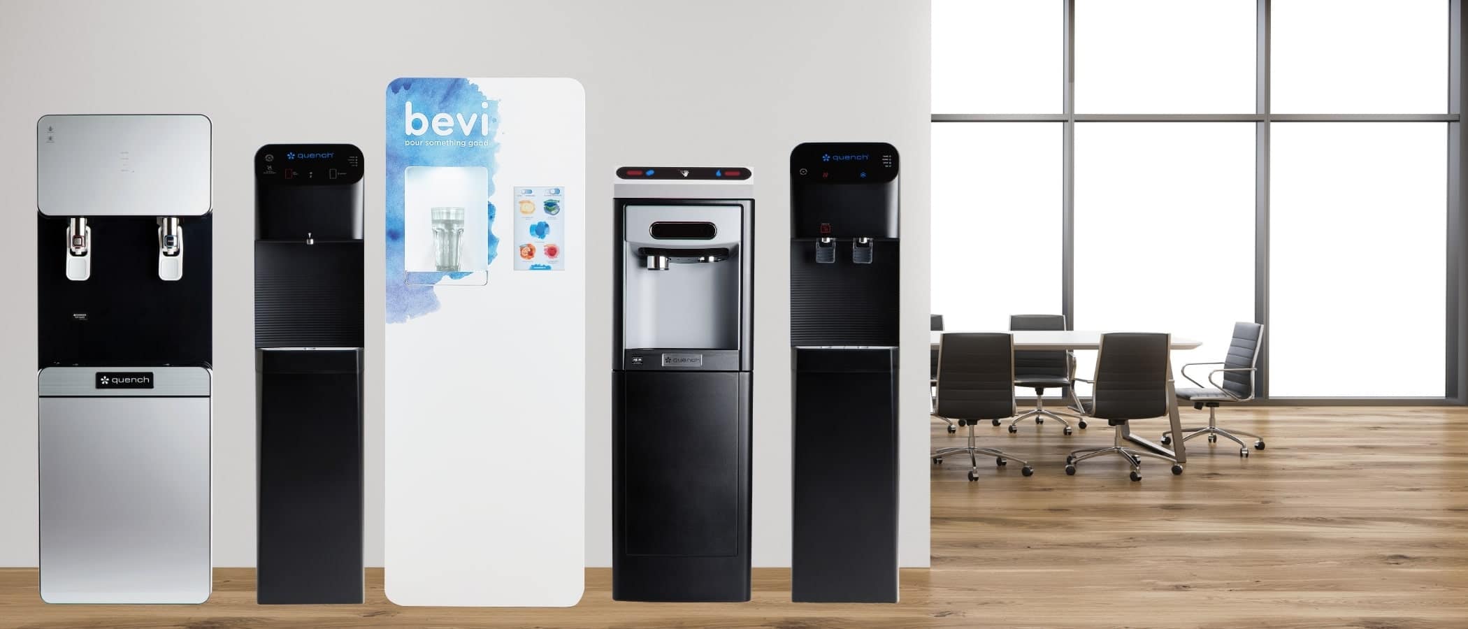 Quench touchless water coolers lined up in a modern workplace