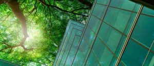 green glass building with trees