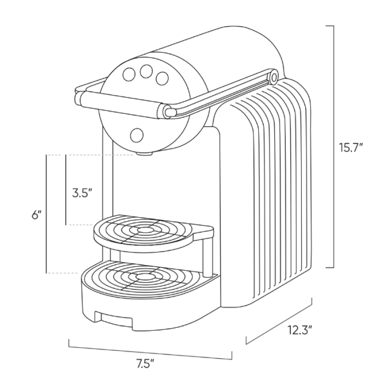 Line drawing of Quench 180 nespresso machine with measurements