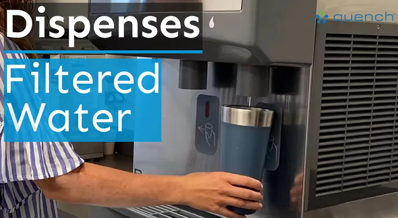 Words Dispenses Filtered Water is overtop an image of a person dispensing water from a Quench 980 machine
