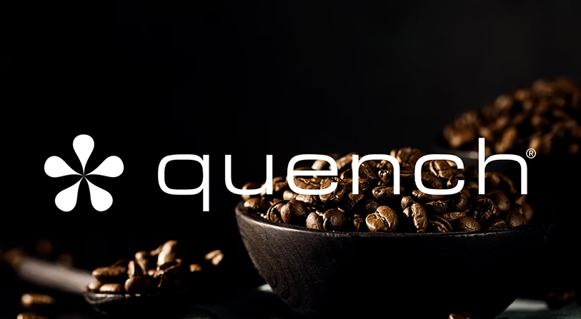 Quench white logo overtop an image of coffee beans