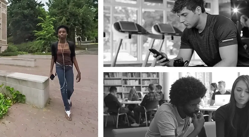 three-part image of college students; one woman is walking with headphones; one man is at the gym staring at his phone; two students in the libarary studying