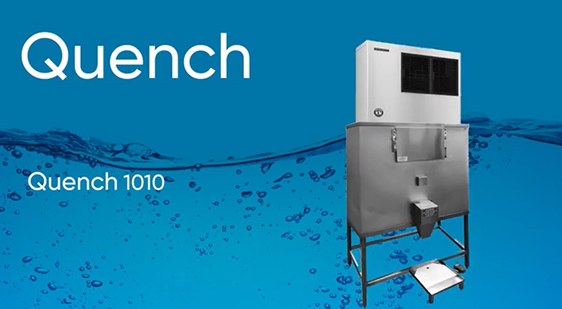 Quench 1010 bagger ice machine in front of blue background with water droplets with "Quench" and "Quench 1010" in white text