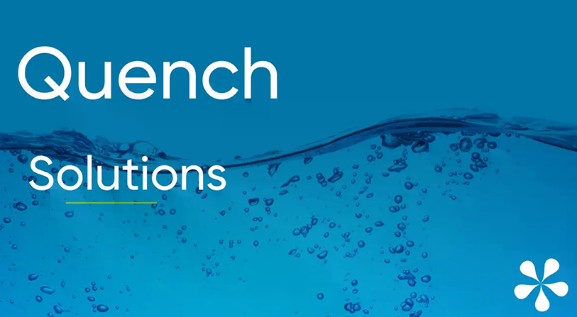 Blue background with water droplets with "Quench Solutions" in white text