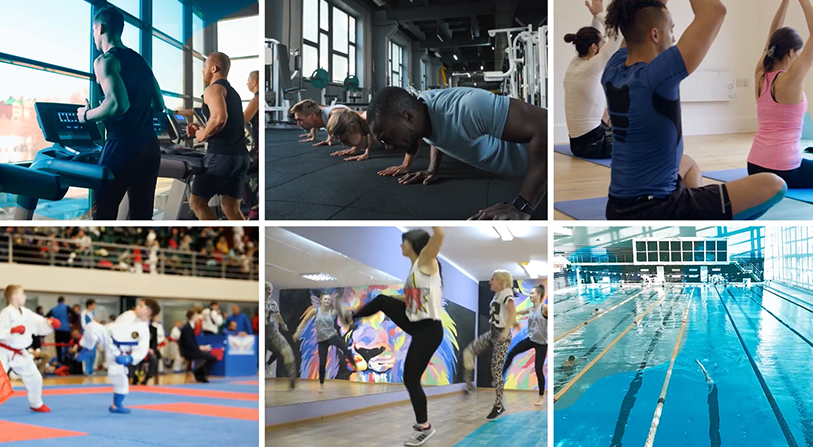 Six frames of people working out in different capacities, including treadmill, push-ups, yoga, karate, kickboxing, and swimming